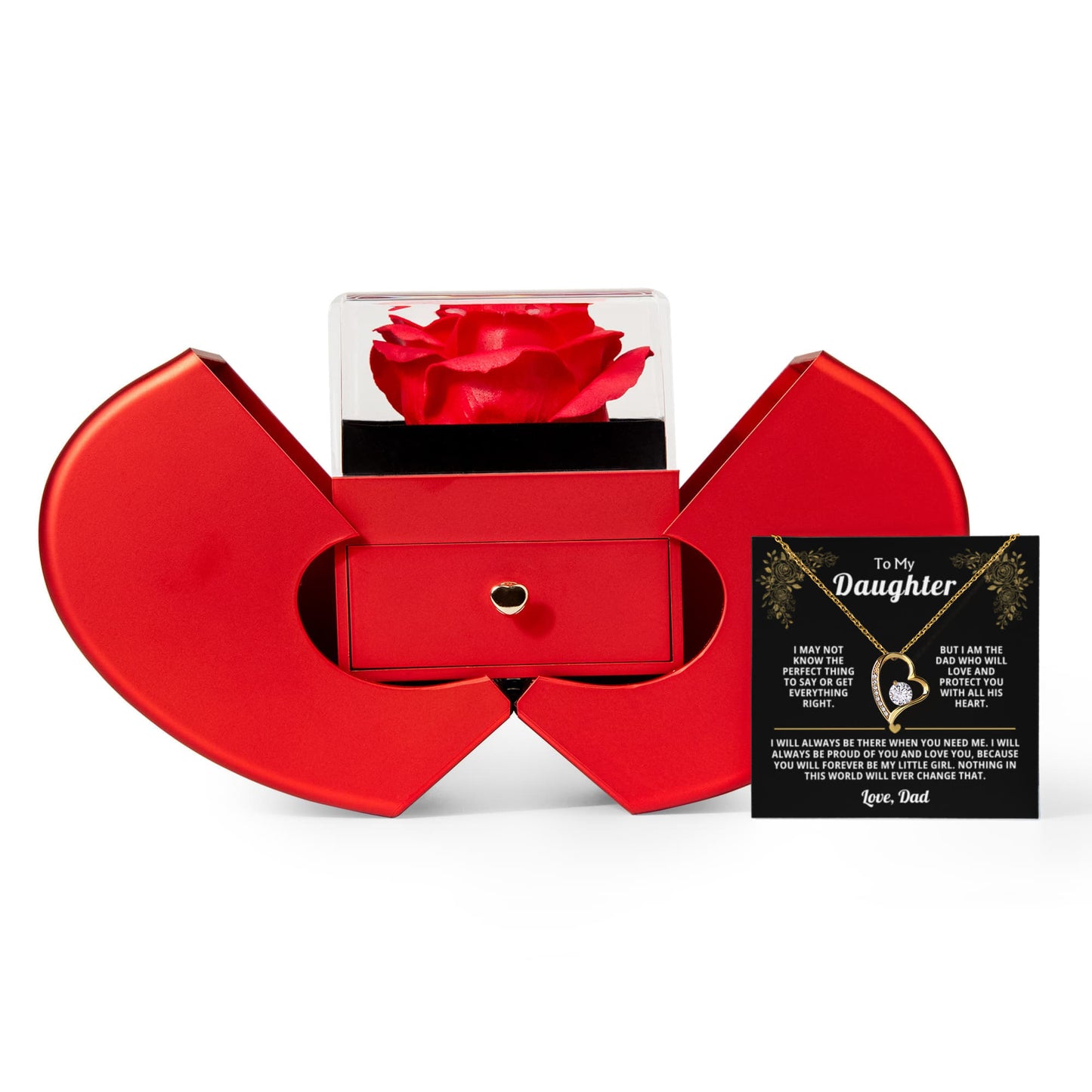 Beautiful Gift for Daughter: "I Will Always Be There" Gift Set With Heart Box and Red Rose Surprise