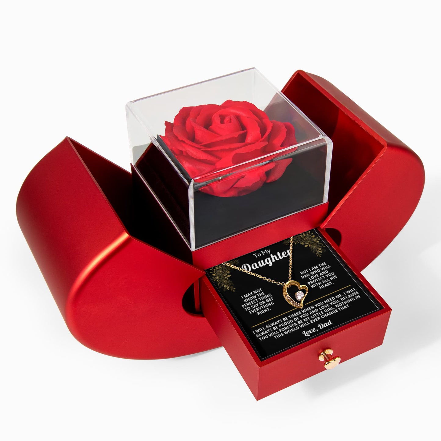 Beautiful Gift for Daughter: "I Will Always Be There" Gift Set With Heart Box and Red Rose Surprise