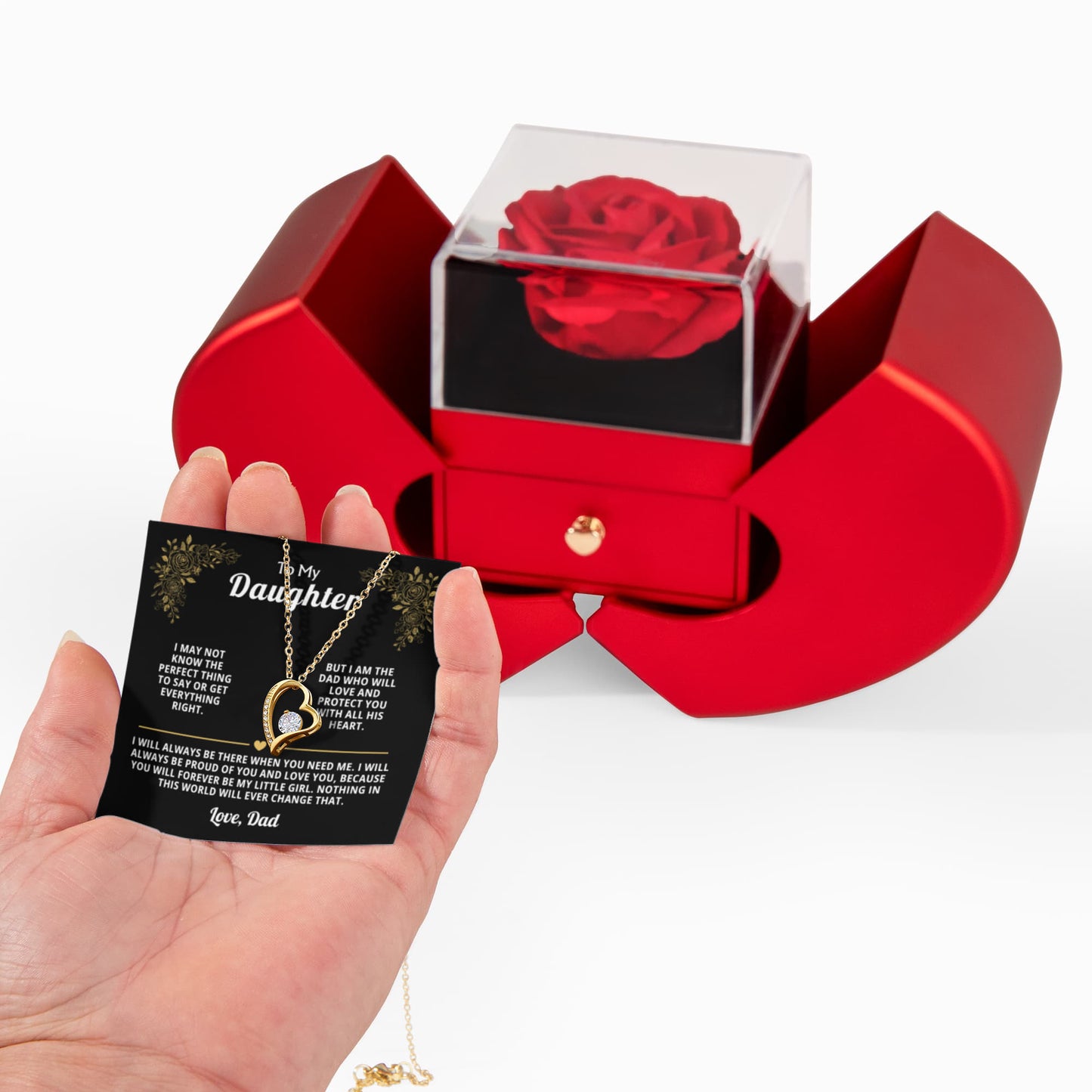 Beautiful Gift for Daughter: "I Will Always Be There" Gift Set With Heart Box and Red Rose Surprise